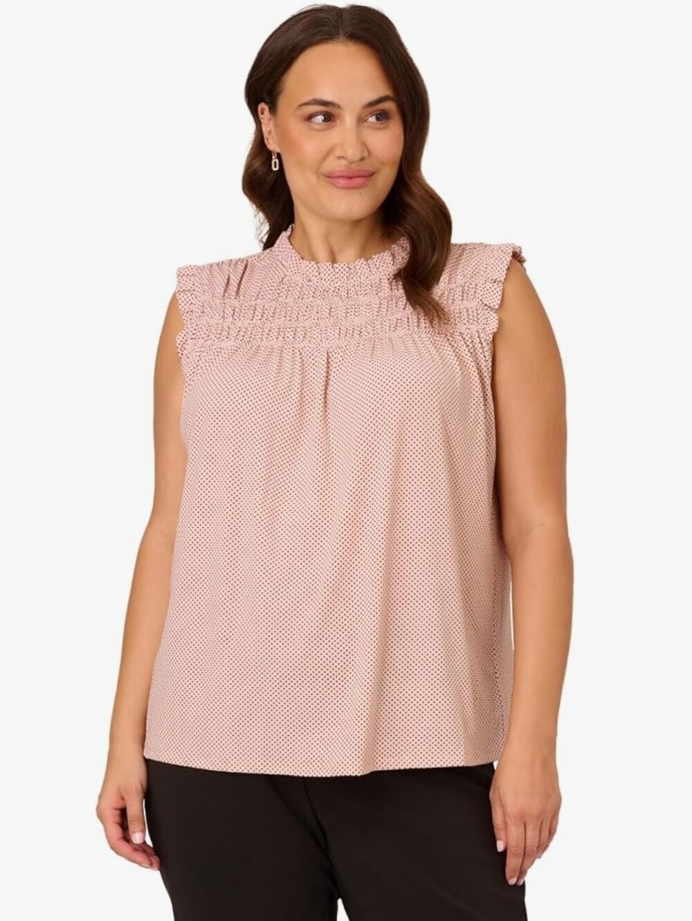 Adrianna Papell L White Polka Dot Smocked Sleeveless B/W Top 2831-p